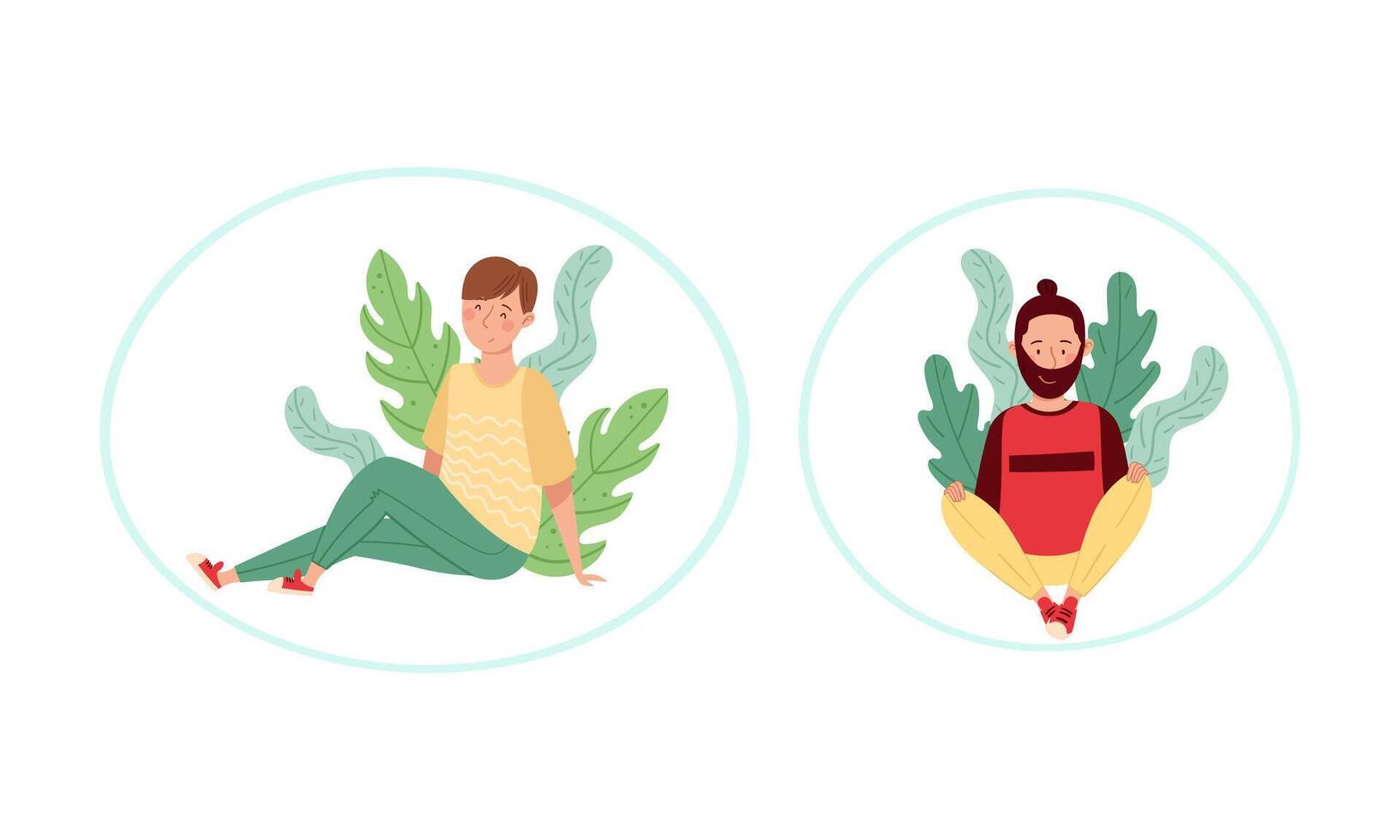 People sitting on the grass set. Young men relaxing on nature outdoors cartoon illustration vector