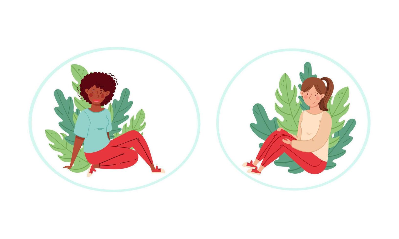 People sitting on the grass set. Cheerful girls relaxing on nature cartoon illustration vector