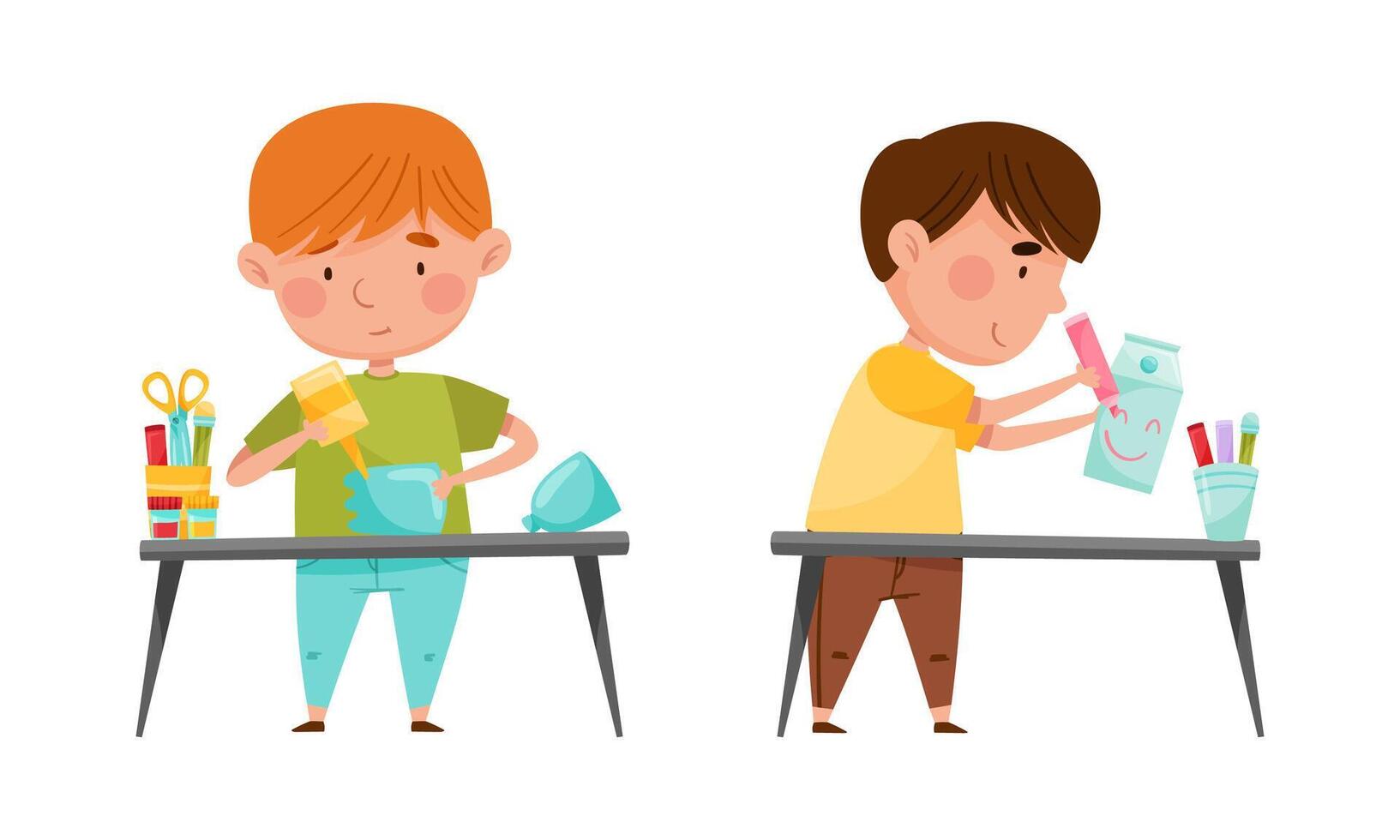 Cute little kids making crafts set. Boys painting and drawing. Children creativity and imagination development cartoon illustration vector