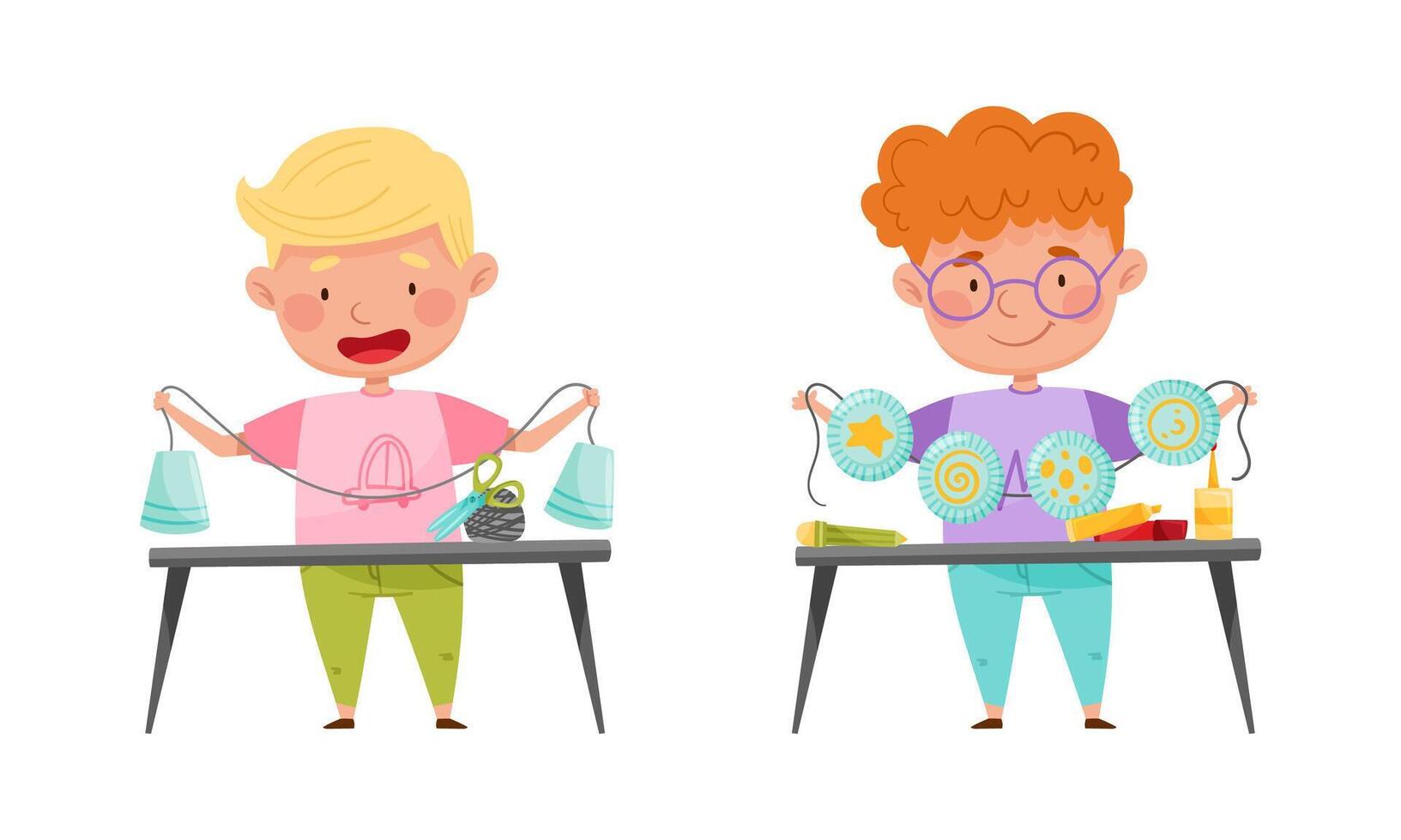 Little boys making crafts. Children creativity and imagination development cartoon illustration vector