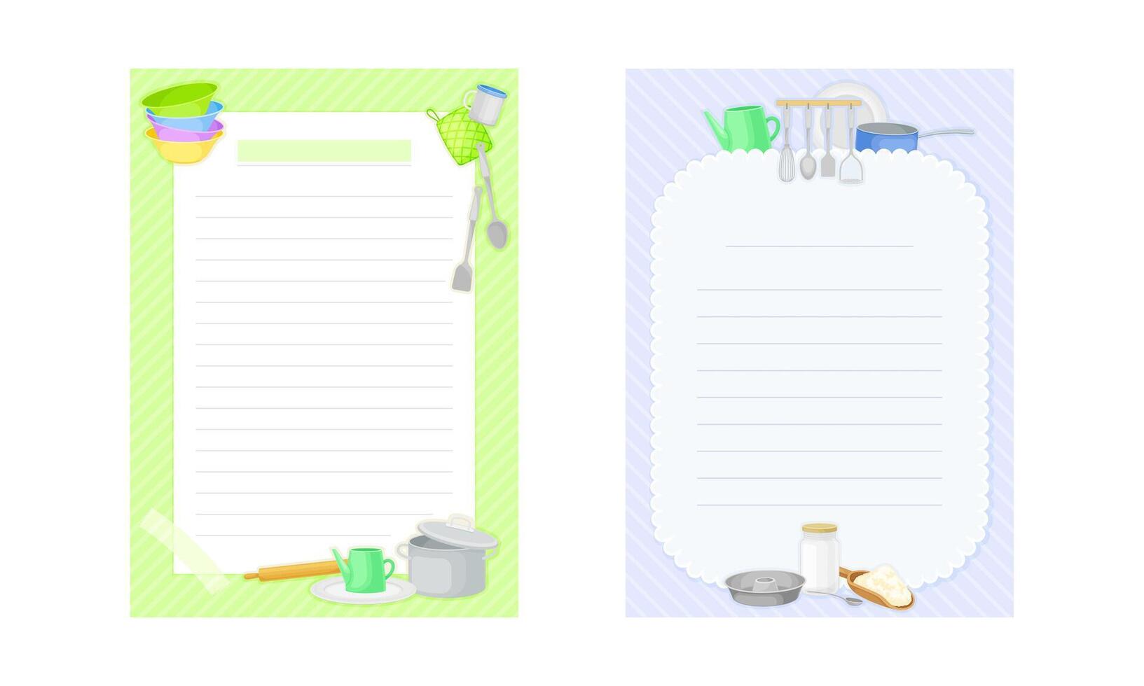 Pages for recipe entries. Recipe book lined page templates with kitchen tools set illustration vector