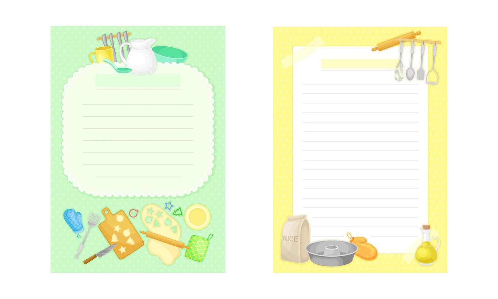 Pages with lines for recipe entries. Recipe book page templates with kitchen utensils set cartoon illustration vector