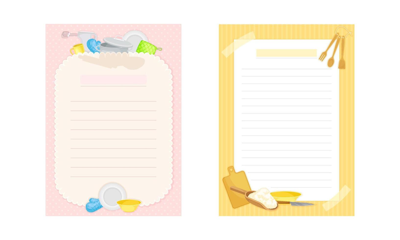 Pages with lines for recipe entries. Recipe book page templates set, culinary stickers cartoon illustration vector