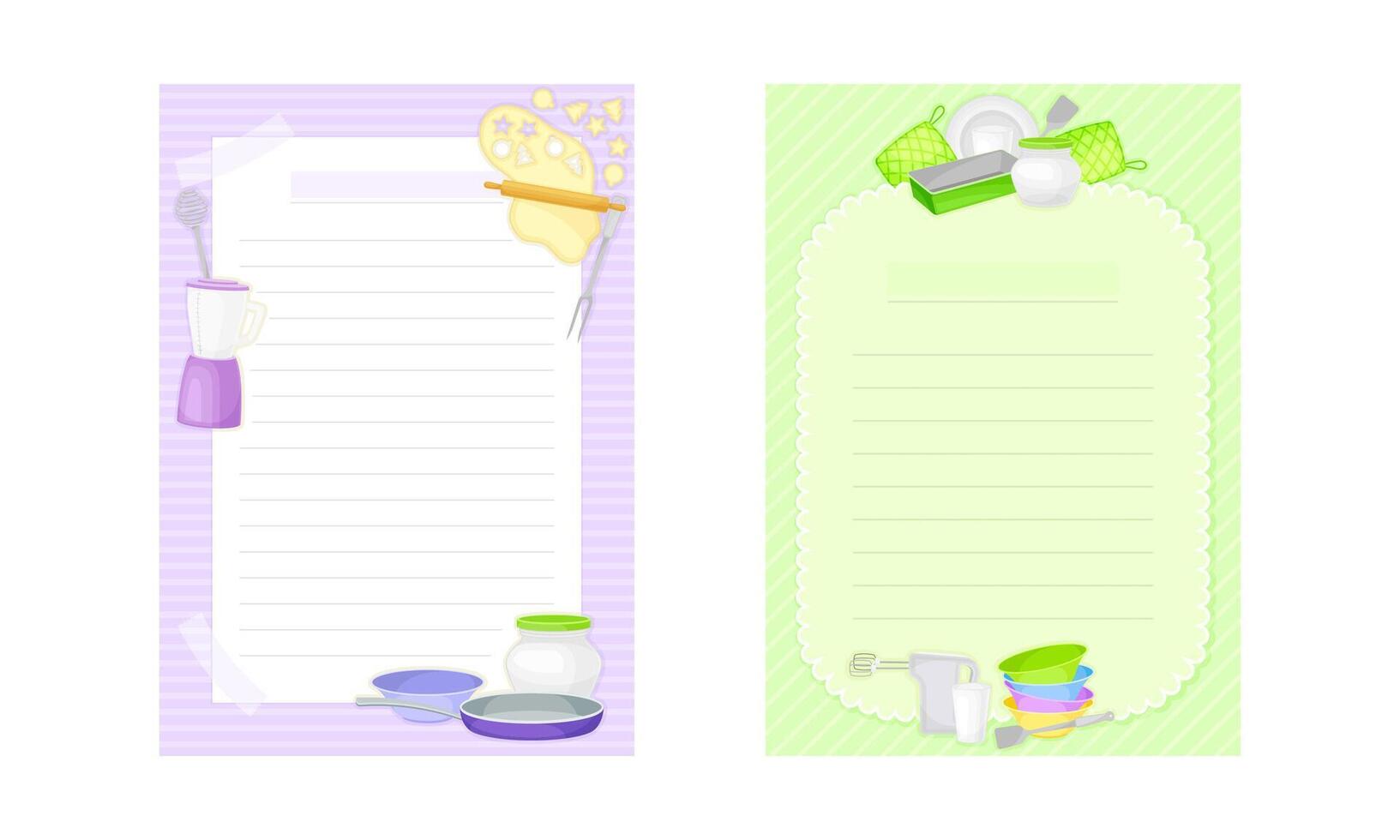 Pages with lines for recipe entries. Recipe book page templates with kitchen utensils set illustration vector