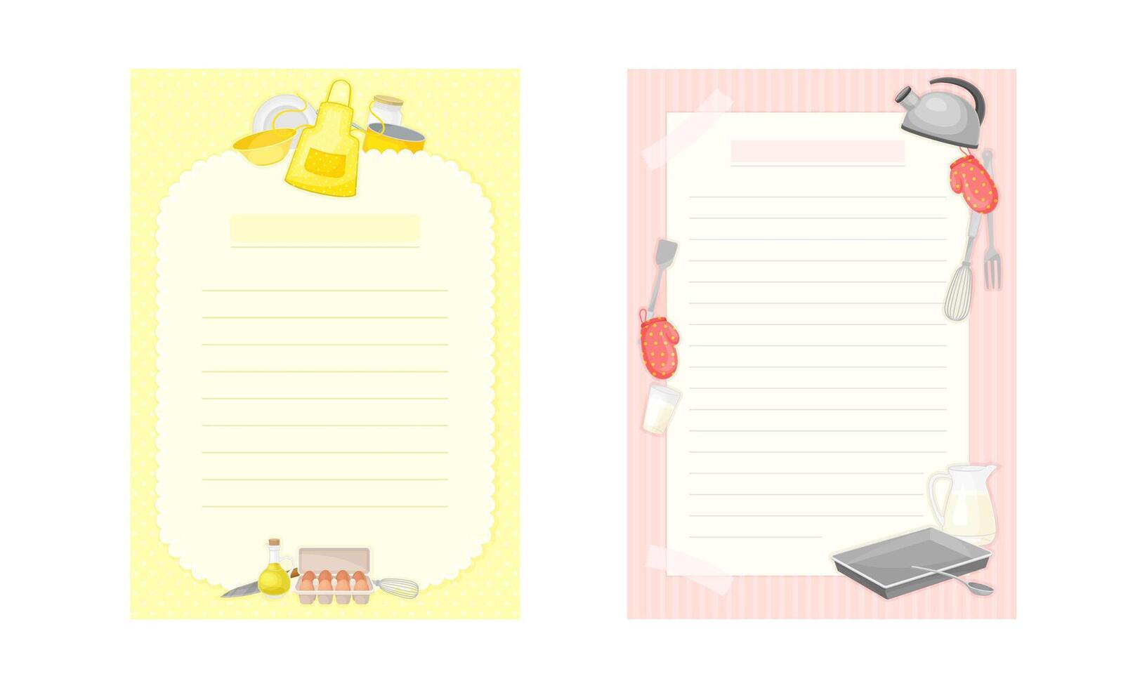 Lined pages for recipe entries set. Kitchen book paper for adding your own recipe cartoon illustration vector