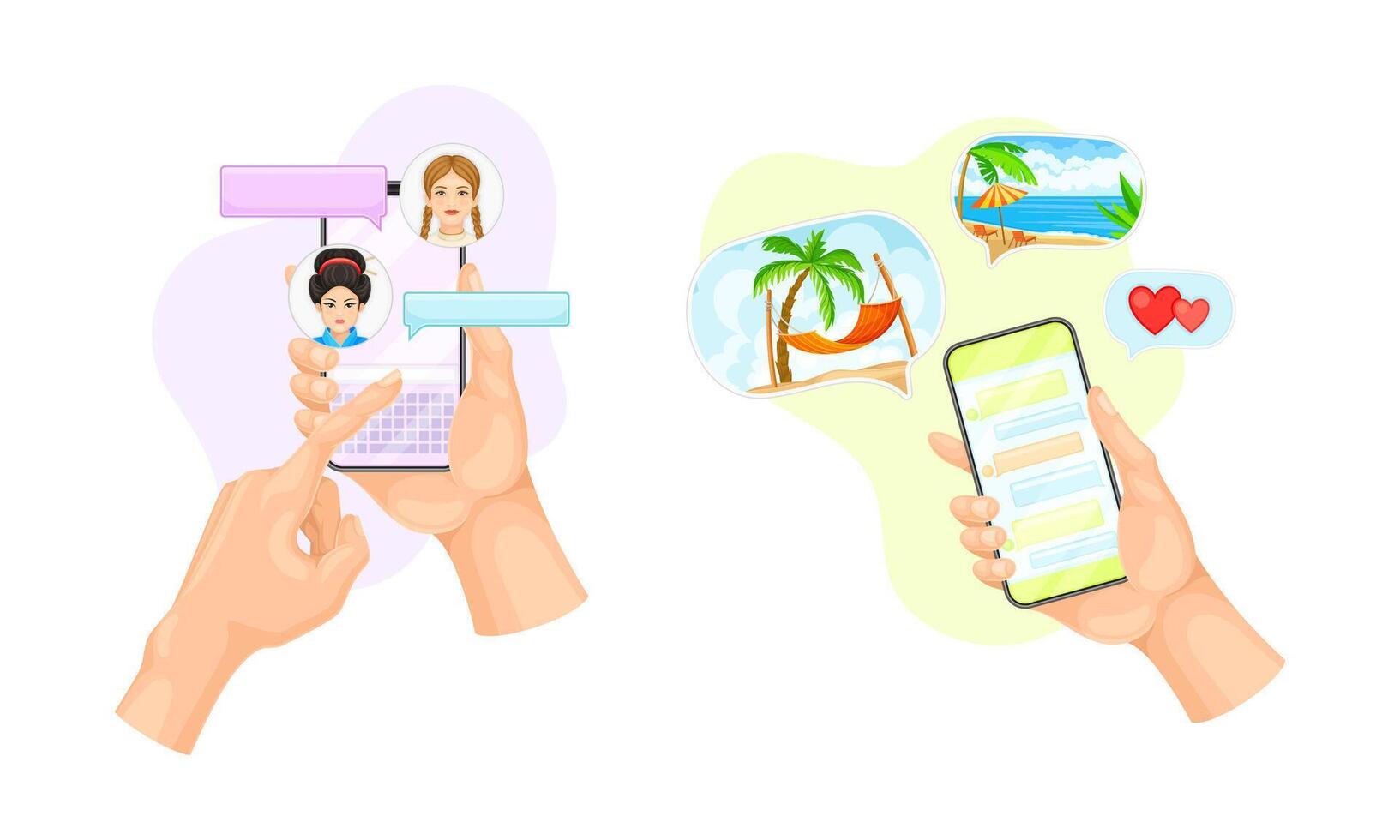 People chatting via smartphone set. Hands holding phone with short messages and photos illustration vector