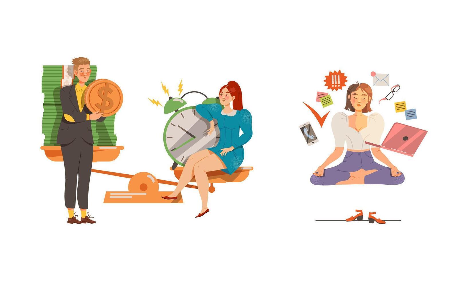 Stress, deadline at work or busy lifestyle. Overworked business people characters set illustration vector