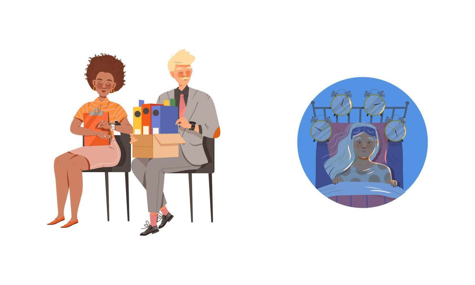 Stress, deadline at work or busy lifestyle. Overworked business people characters sleeping at work illustration vector