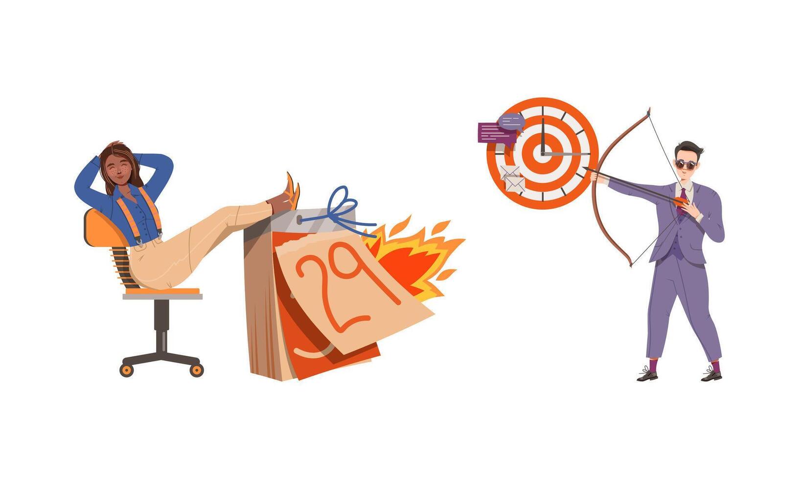 Stress, deadline at work or busy lifestyle. Businessman aiming the target, businesswoman procrastinating at work illustration vector
