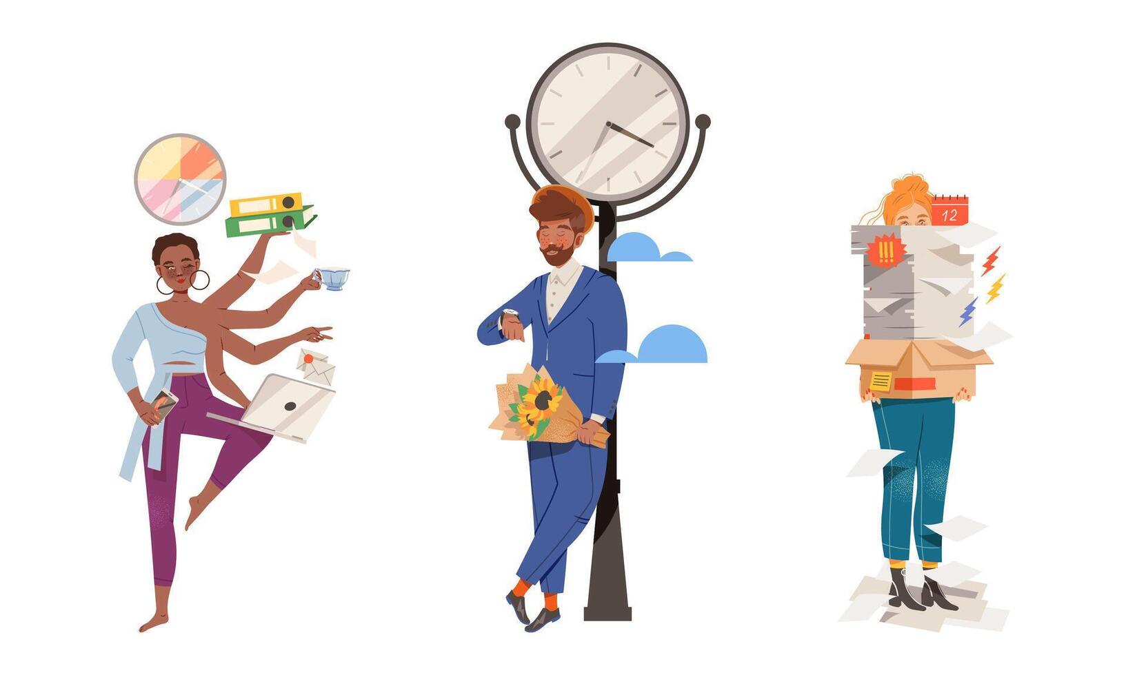 Multitasking, deadline at work and busy lifestyle. Overworked business people characters set illustration vector