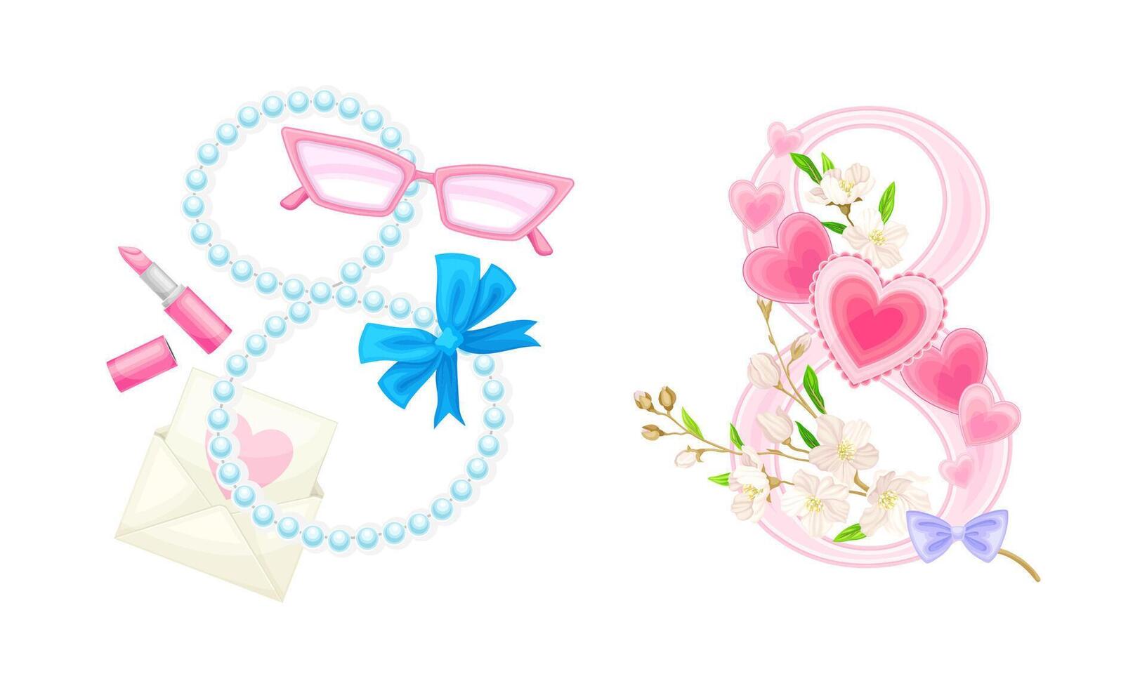 8 March International Womens Day cards design set. Pink number 8 with spring flowers, glasses, lipstick and beads illustration vector
