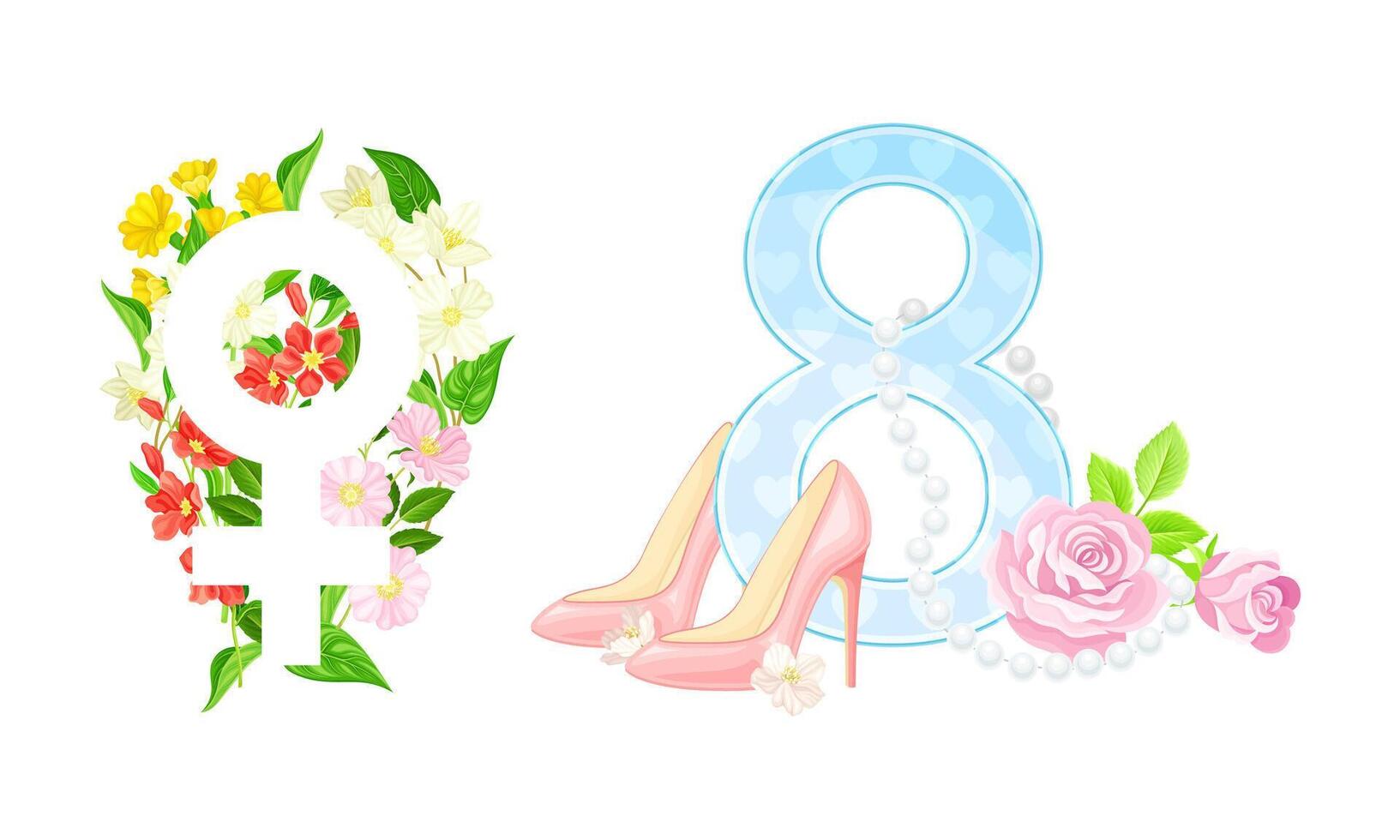 8 March International Womens Day cards design set. Number 8 with bouquet of spring flowers, high heel shoe and gender female sign illustration vector