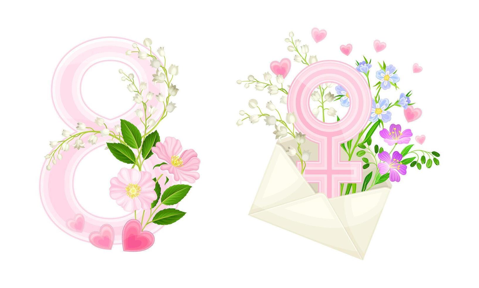 8 March International Womens Day cards design set. Number 8 and gender female sign with spring flowers illustration vector