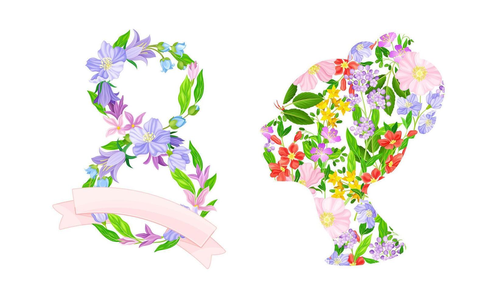 8 March International Womens Day cards design set. Number 8 and woman profile made of spring flowers illustration vector