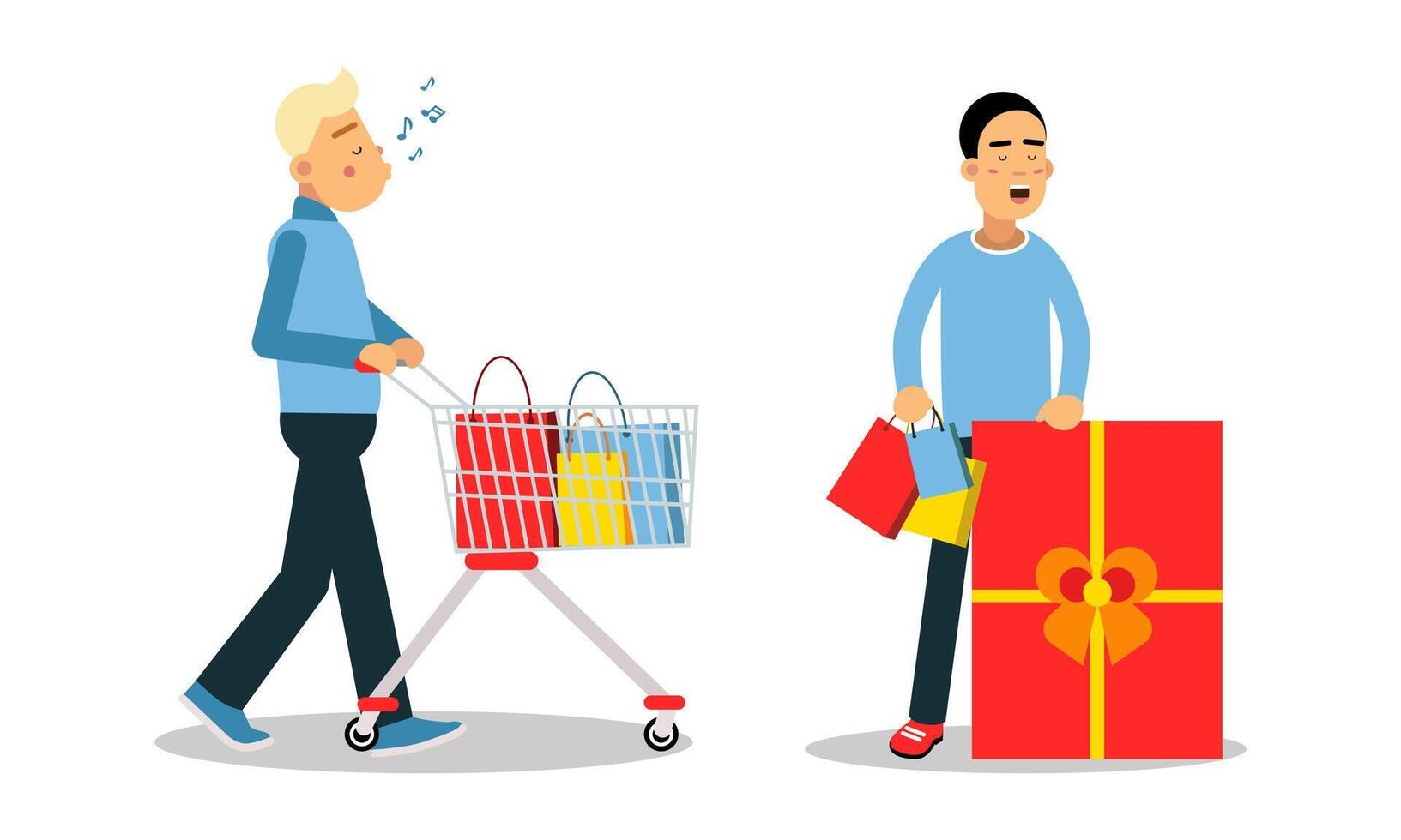 People carrying shopping bags with purchases set. Male customers taking part in seasonal sale at store illustration vector