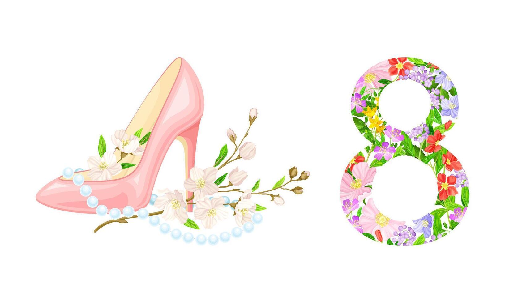 8 March International Womens Day cards design set. Number 8 and pink high heel shoe with cherry blossom flowers illustration vector