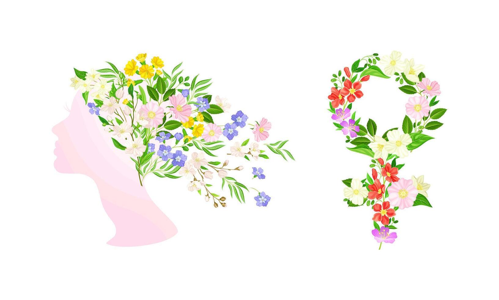 8 March International Womens Day cards design set. Gender female sign and woman profile with hair made of spring flowers illustration vector