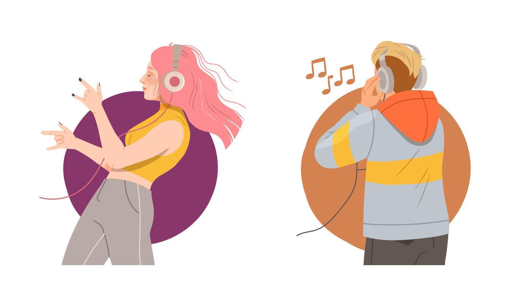 Young people listening to music and dancing set. Music lovers wearing headphones enjoying of listening music on smartphone illustration vector
