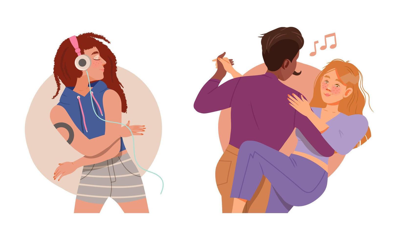 Young people listening to music and dancing set illustration vector