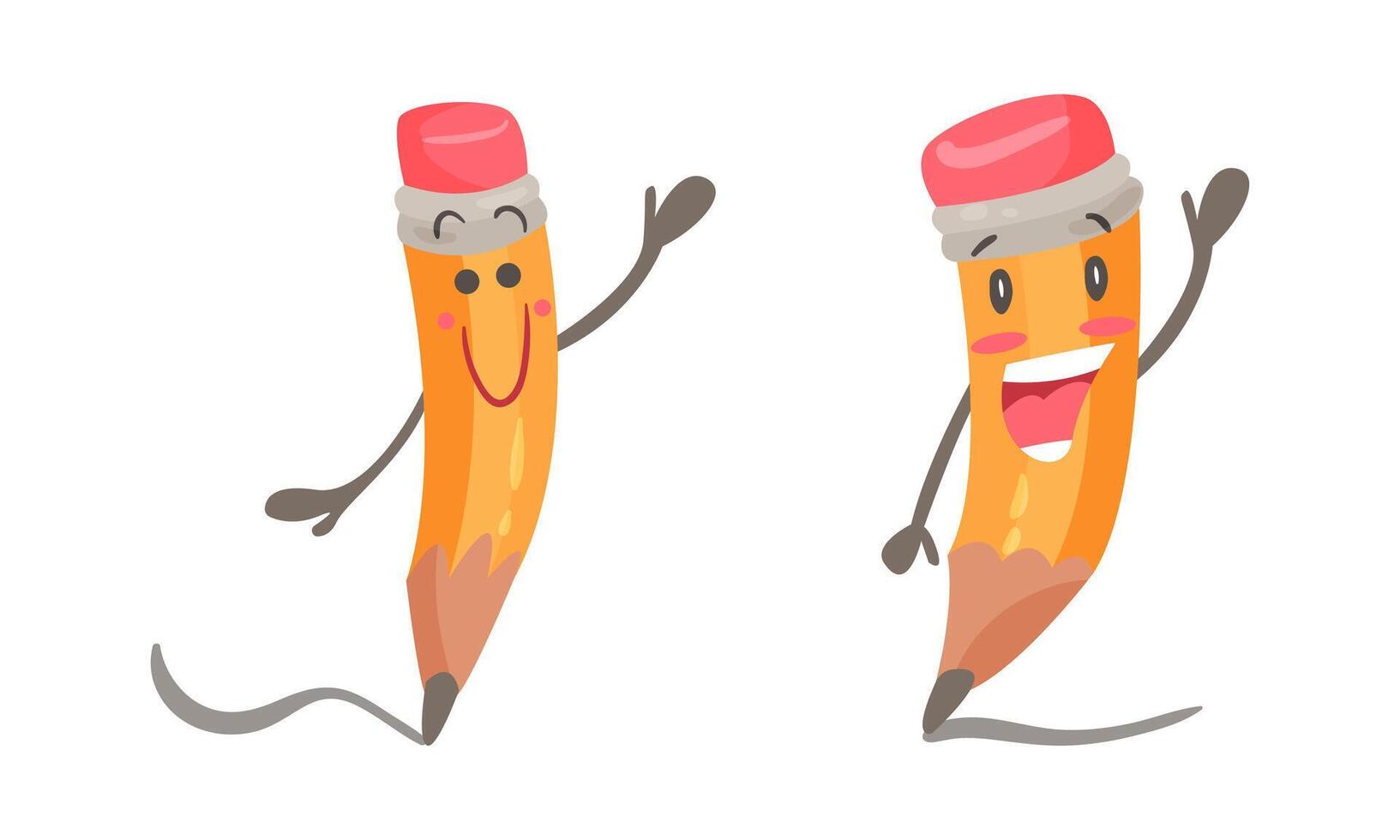 Happy funny pencils characters set. Cute stationery tools with smiling faces cartoon illustration vector
