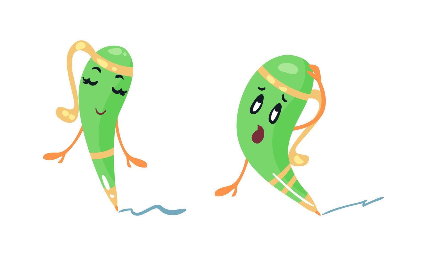 Green pen characters set. Cute stationery tool with funny face expression cartoon illustration vector