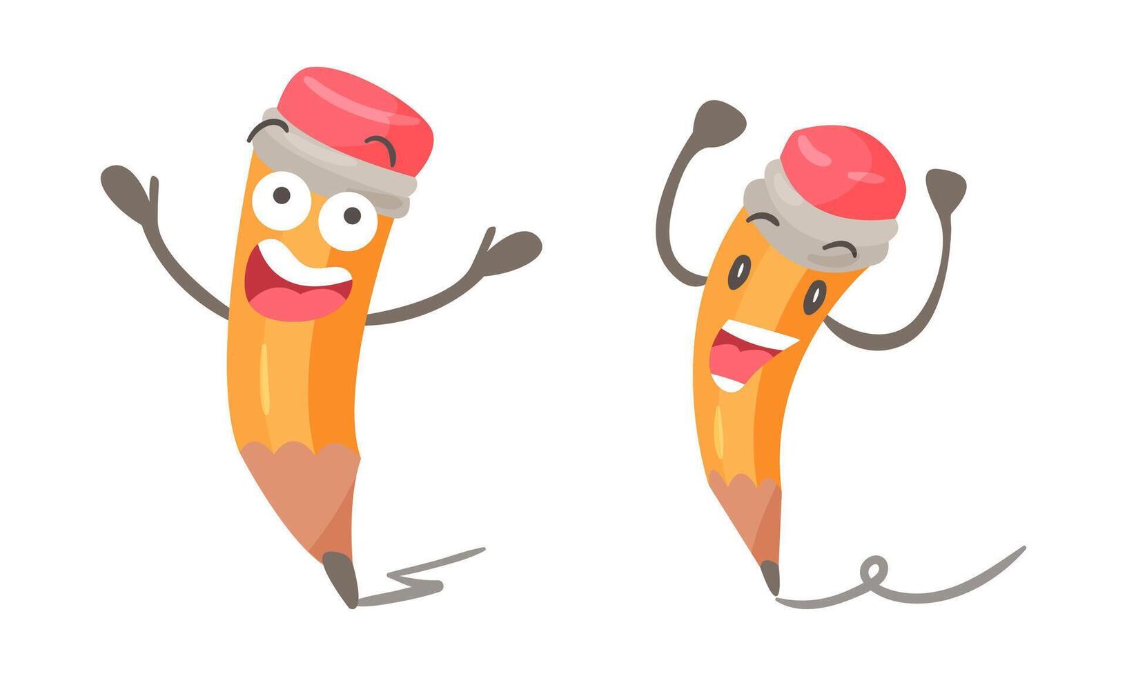 Funny pencils characters set. Cute stationery tools with happy smiling faces cartoon illustration vector