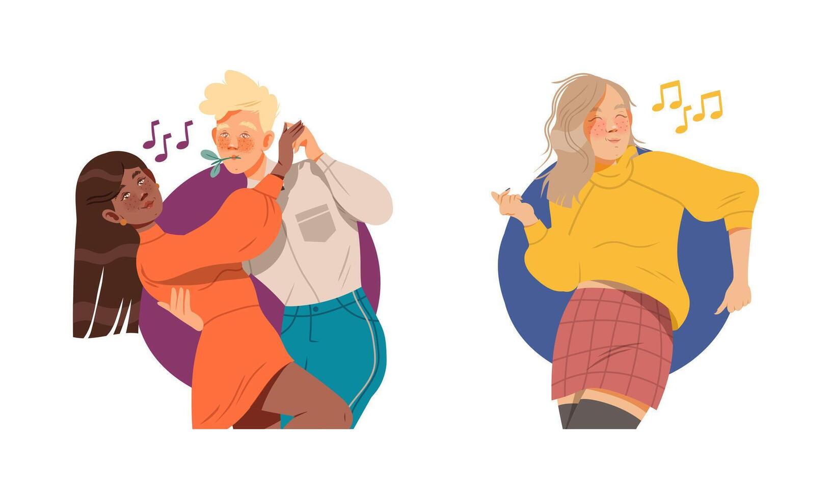 Happy young people listening to music and dancing. Teenagers relaxing and having fun set illustration vector