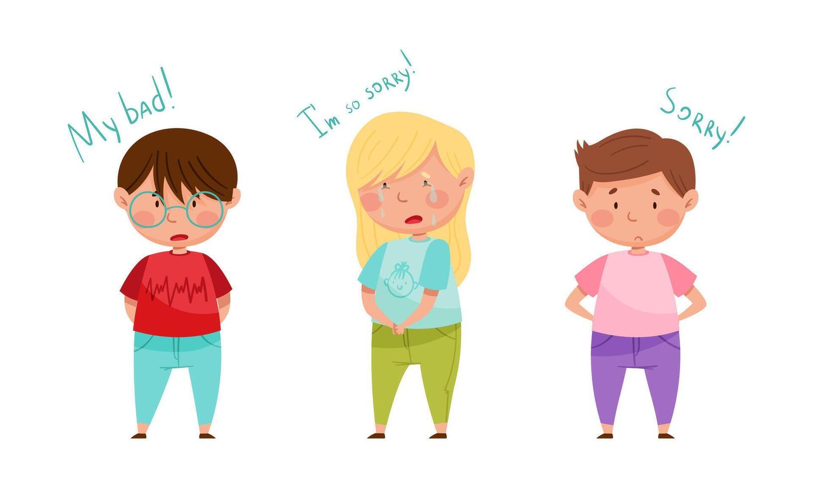 Cute little girl and boys saying sorry set. Good manners of kids cartoon illustration vector