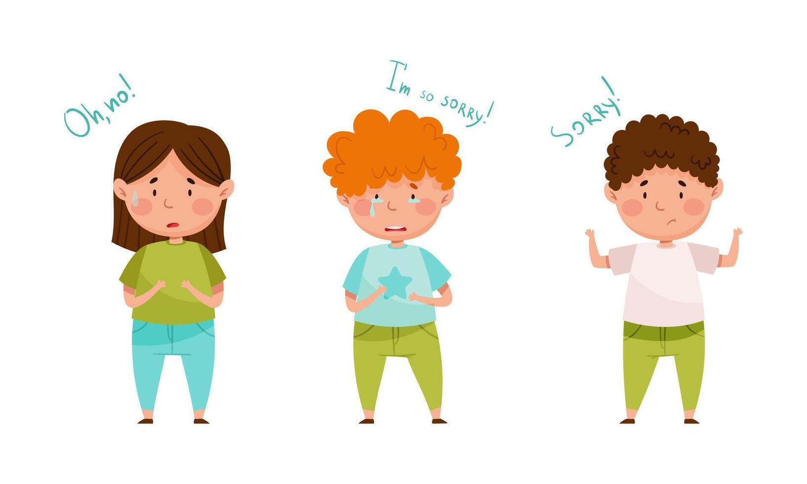 Cute little girl and boys crying and saying sorry set. Good manners of kids cartoon illustration vector