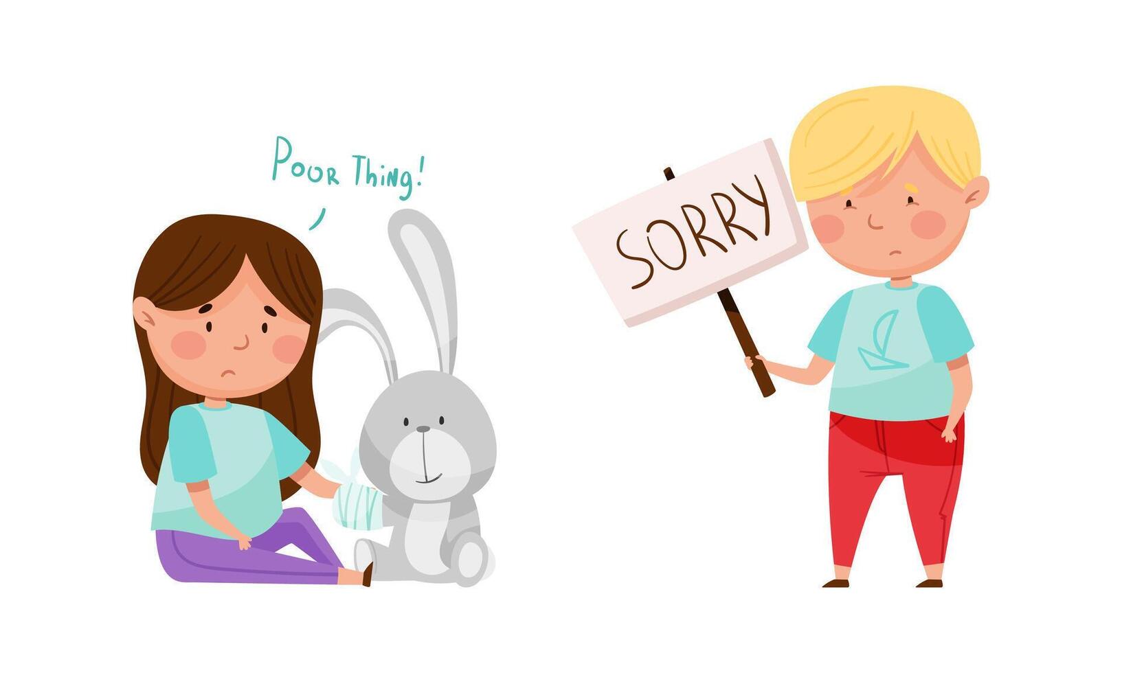 Cute upset little girl and boy feeling sorry for toy rabbit and apologizing. Good manners of kids cartoon illustration vector