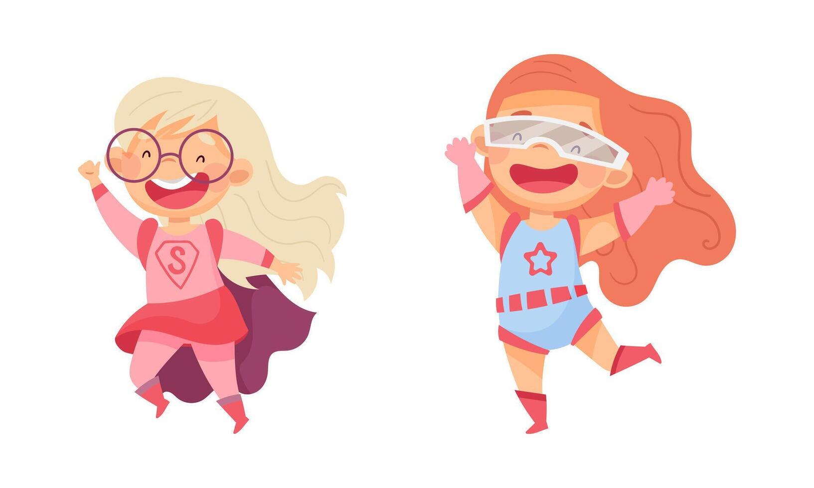 Happy little girls wearing colorful superheroes costumes set. Kids having fun at carnival or birthday party cartoon illustration vector