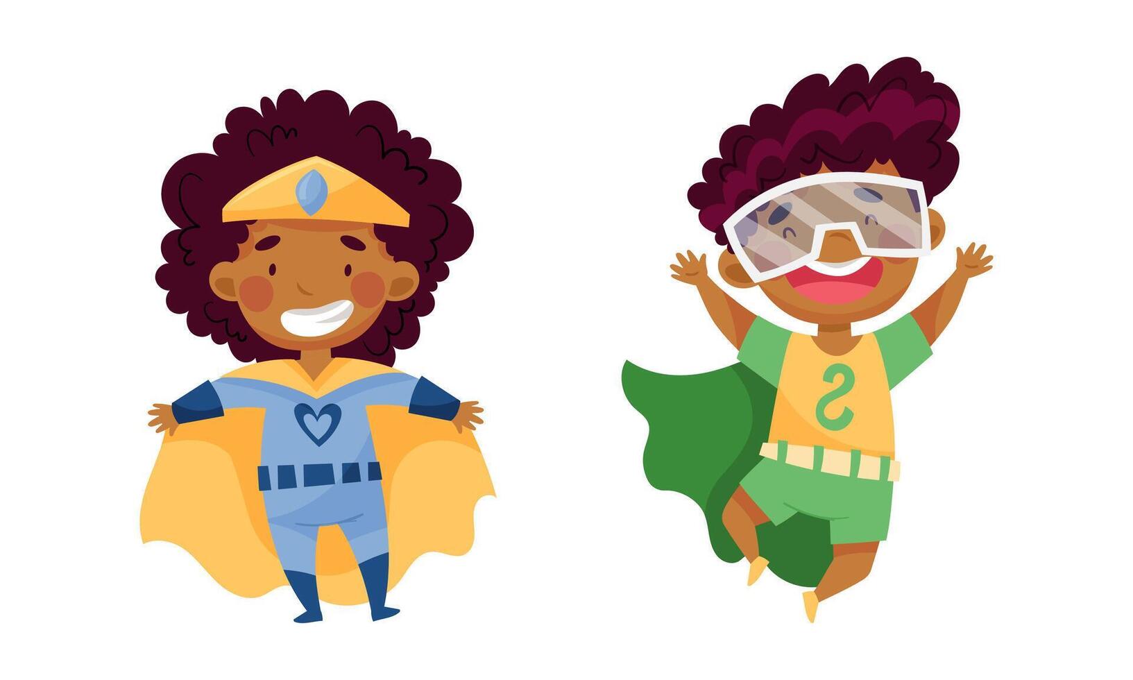 Happy african american girl and boy wearing colorful superheroes costumes set. Kids having fun at carnival or birthday party cartoon illustration vector