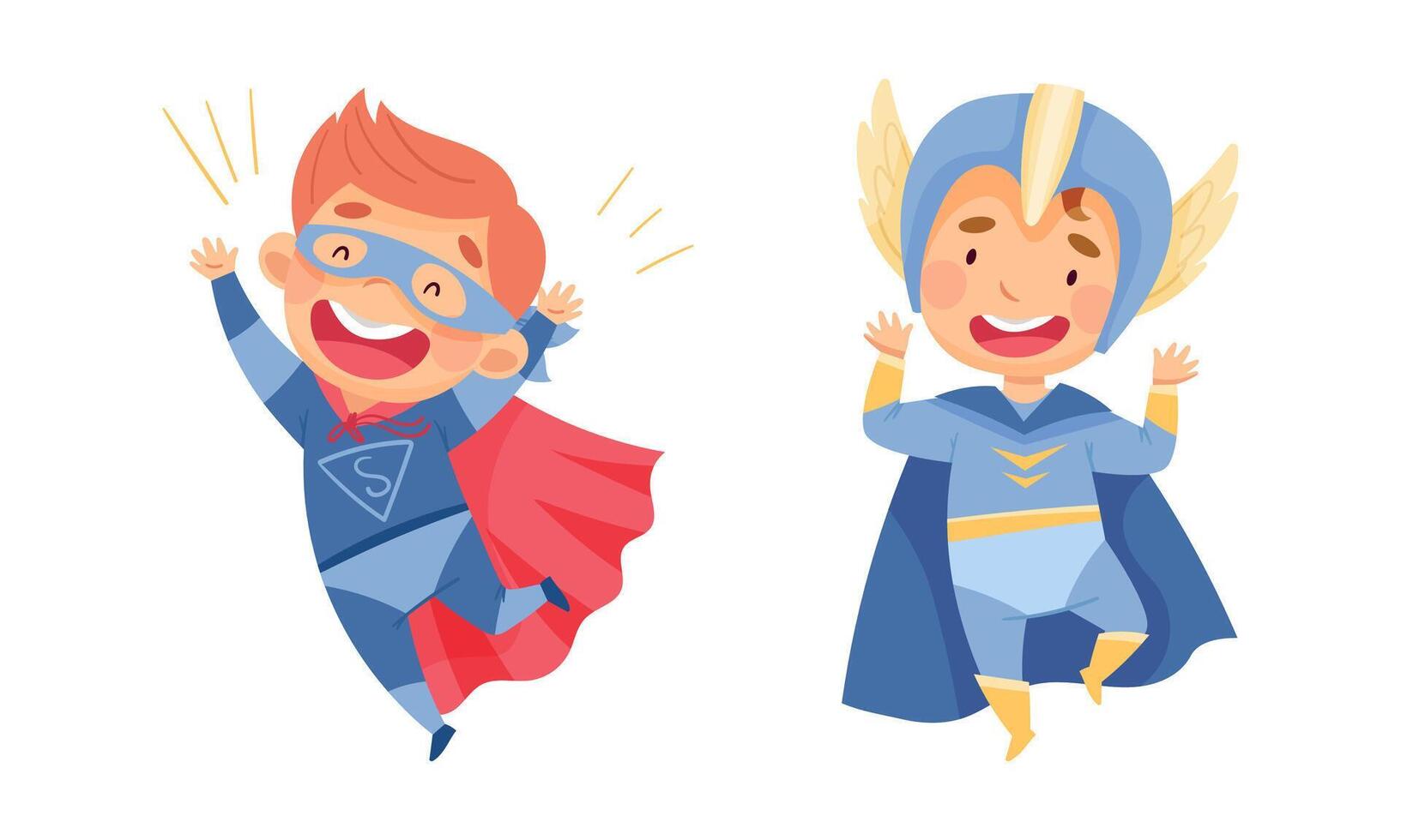 Happy little children wearing superheroes costumes and masks set. Kids having fun at carnival or birthday party cartoon illustration vector