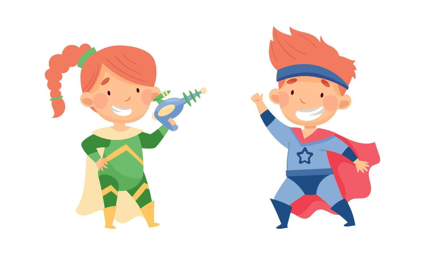 Happy smiling children wearing colorful superheroes costumes set. Kids having fun at carnival or birthday party cartoon illustration vector