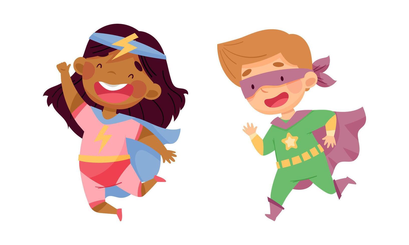 Happy little kids wearing superheroes costumes set. Children having fun at carnival or birthday party cartoon illustration vector