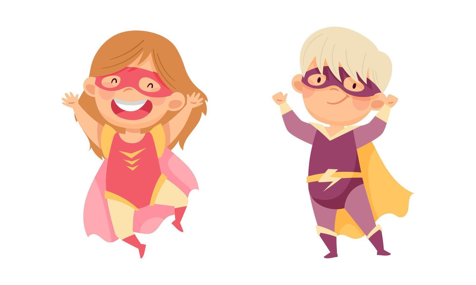 Smiling little boy and girl wearing superheroes costumes set. Kids having fun at carnival or birthday party cartoon illustration vector