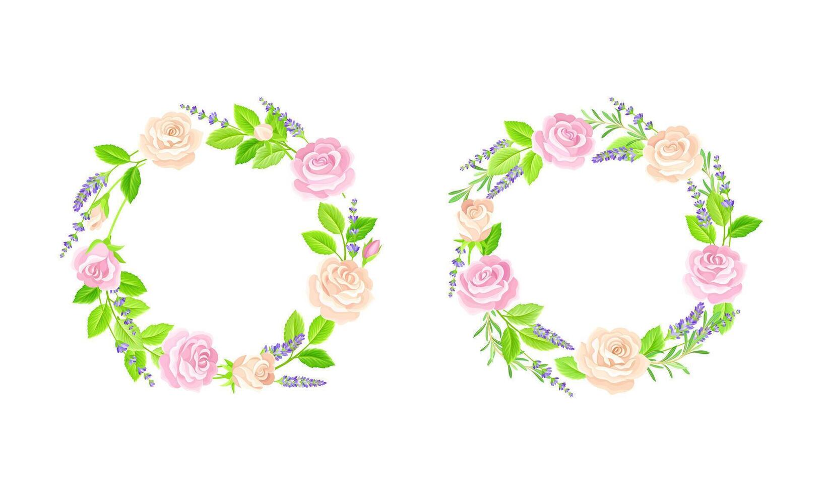 Elegant floral frames with roses and leaves set. Wedding, birthday, valentines day symbols, greeting card design. Wreath of rose flowers illustration vector