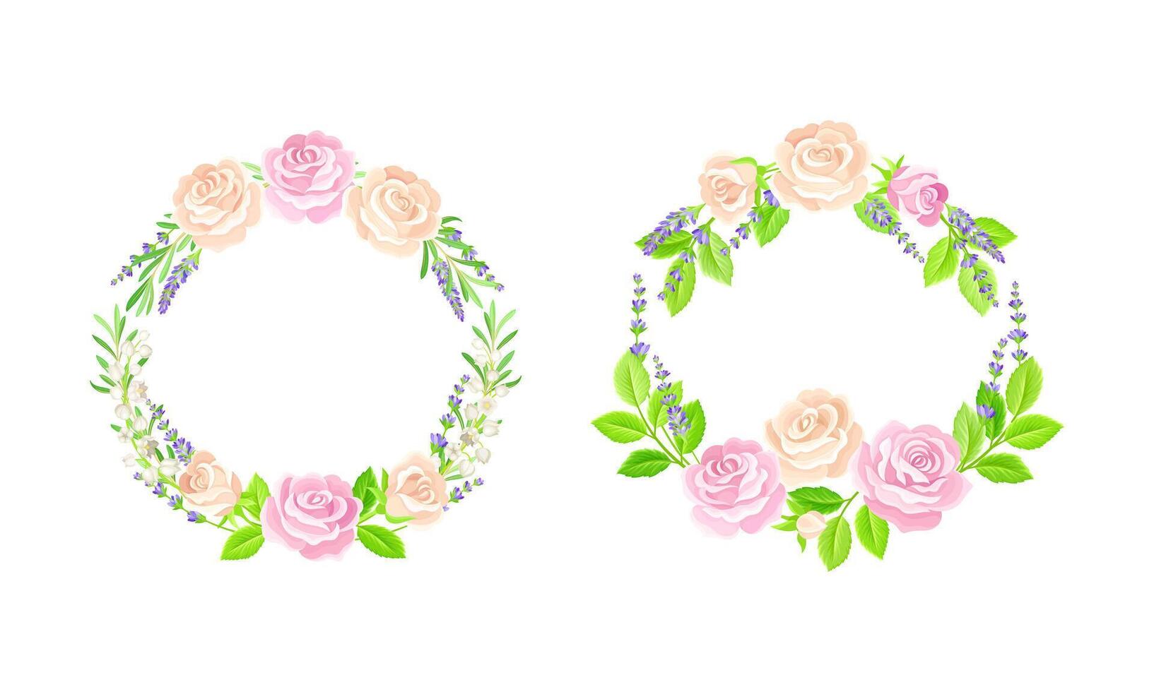 Elegant floral frames with pink roses and leaves set. Wedding, birthday, valentines day decor element, greeting card design. Wreath of rose flowers illustration vector