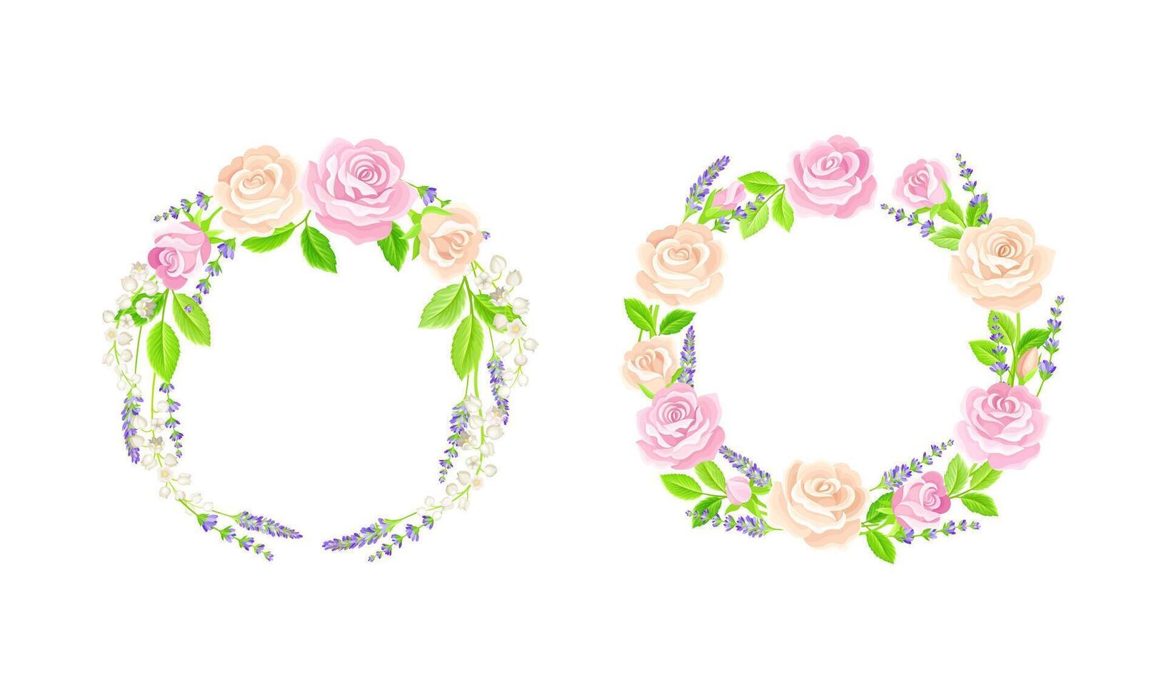 Floral frames with rose and lavender flowers set. Wedding, birthday, valentines day decor element, greeting card design illustration vector