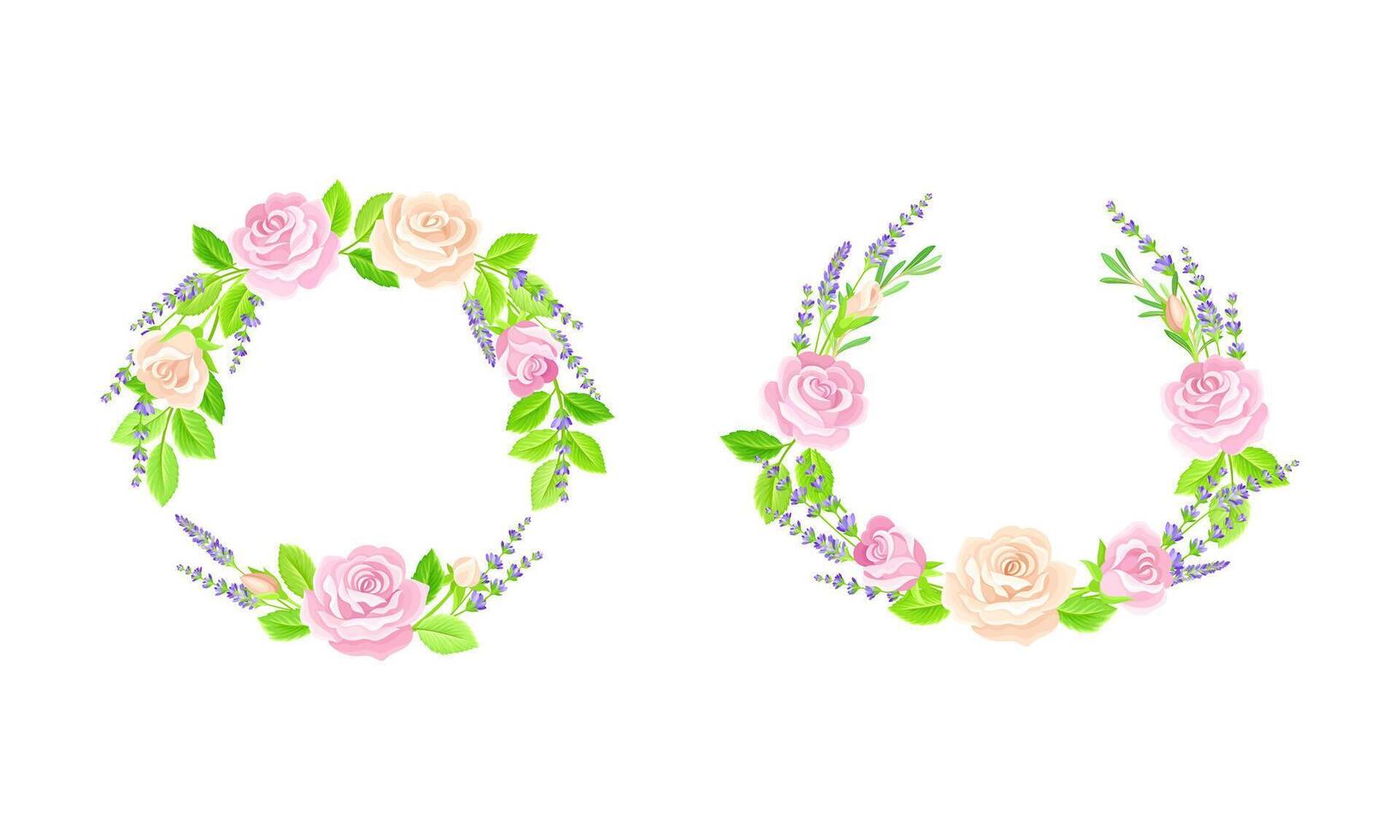 Floral wreath with rose and lavender flowers set. Wedding, birthday, valentines day decor element, greeting card design illustration vector