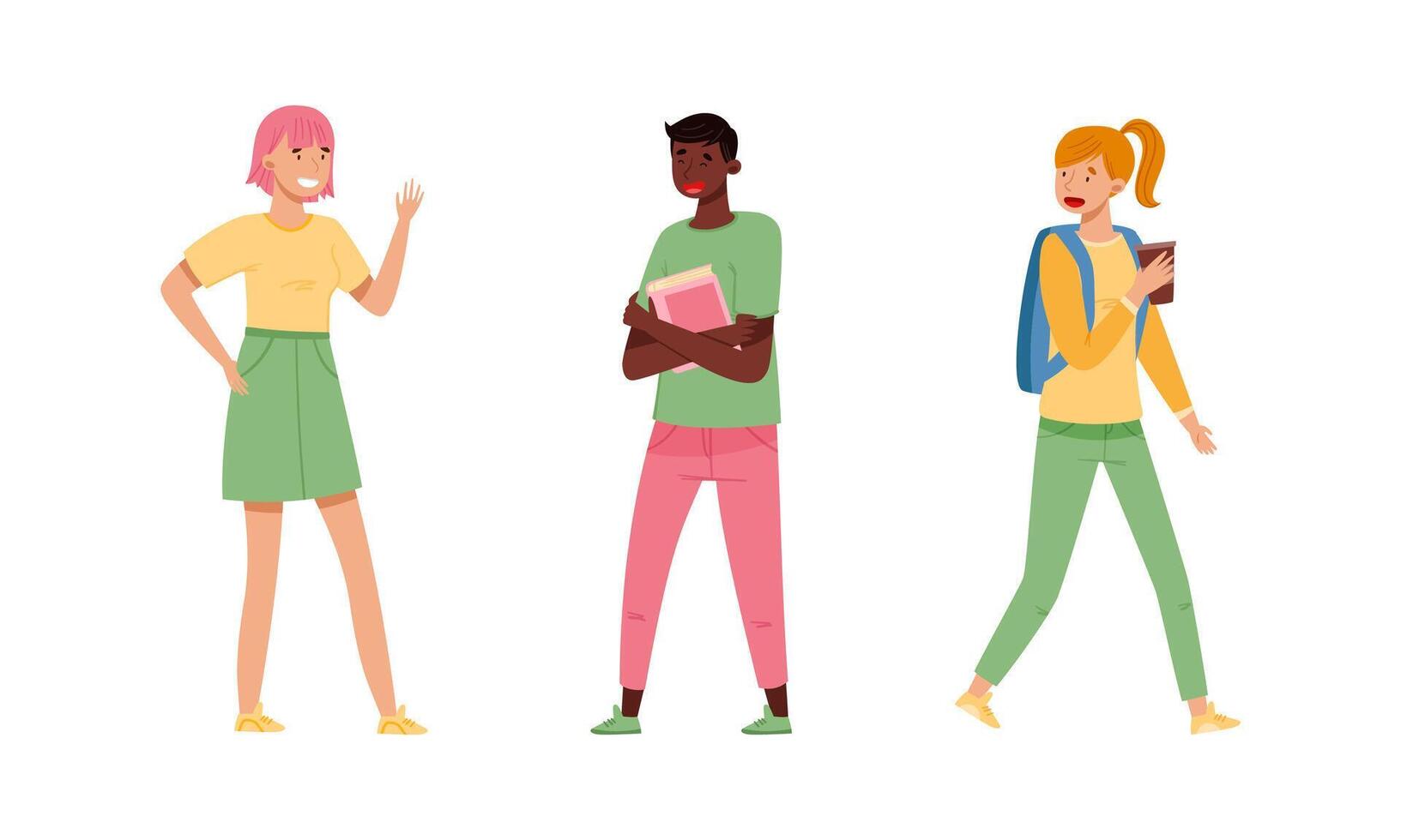 College students performing various activities set. Young people saying hi, walking with backpack and holding book cartoon illustration vector