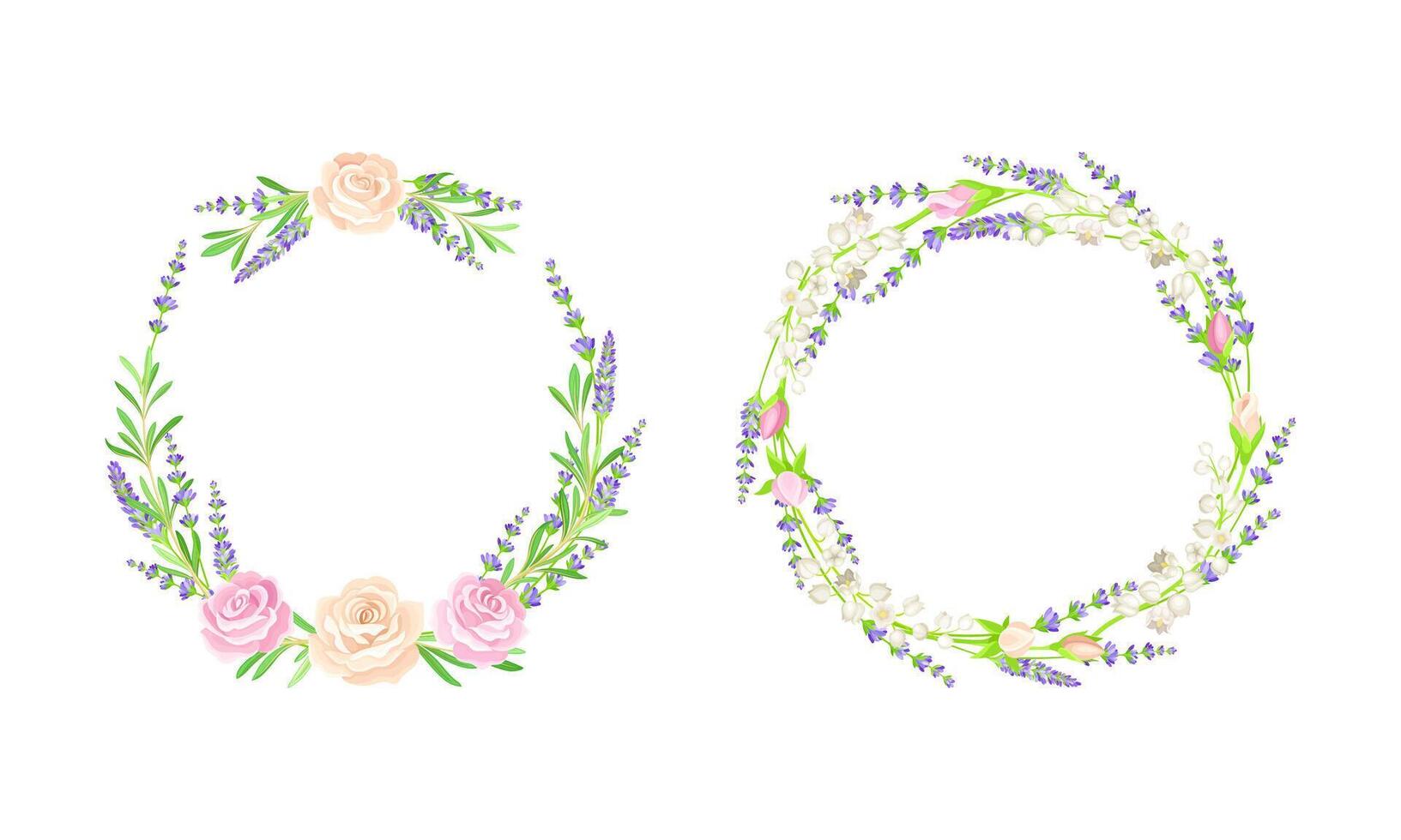 Floral wreath with pink roses and lavender flowers set. Wedding, birthday, valentines day decor element, greeting card design illustration vector