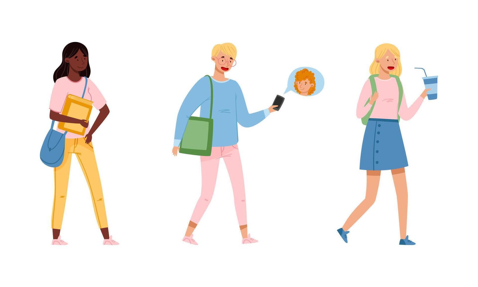 College students performing various activities set. Teenagers characters in casual outfit cartoon illustration vector