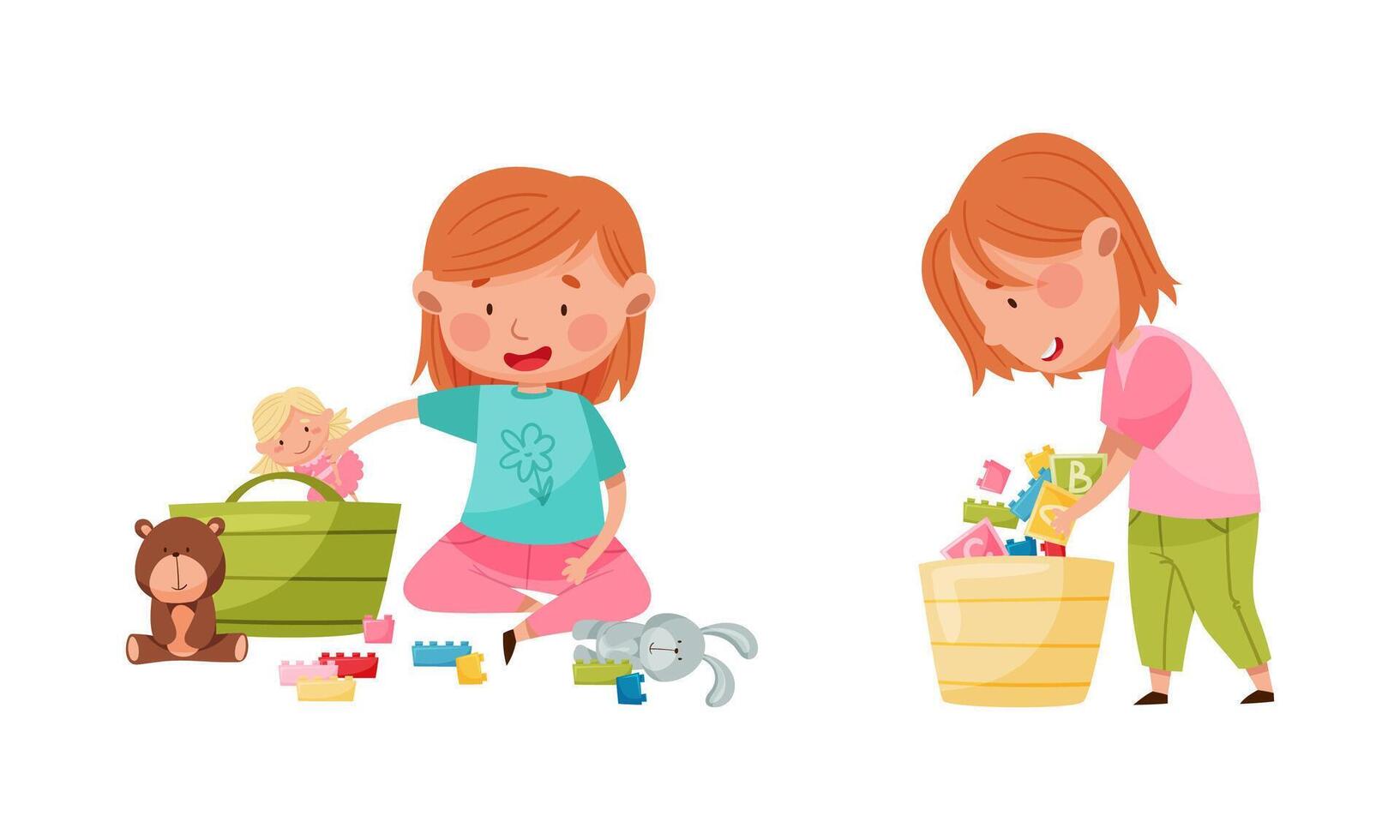 Cute kids playing with toys set. Little girls playing and putting toys in baskets cartoon illustration vector