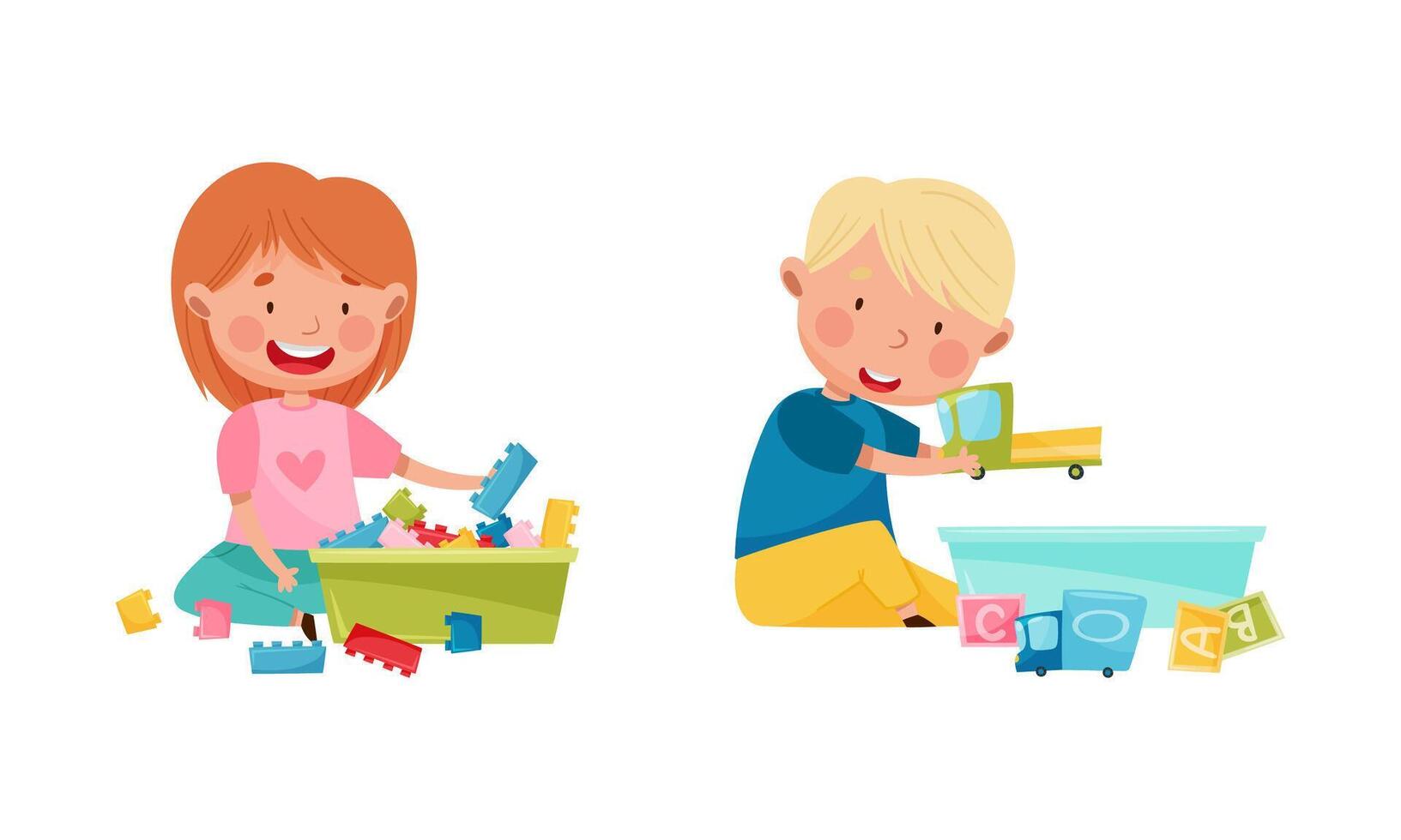 Cute smiling little boy and girl sitting on floor and playing with toys cartoon illustration vector