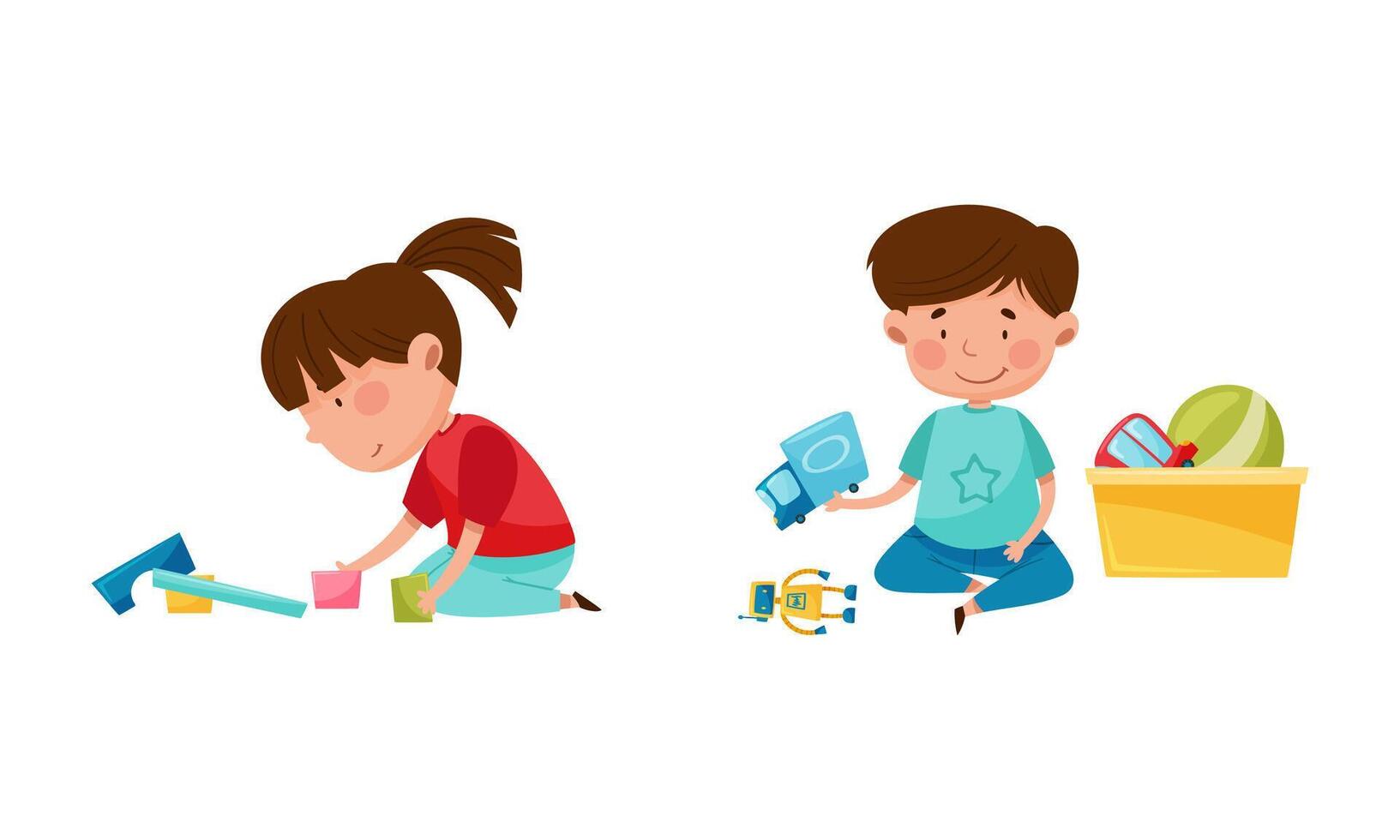 Cute little boy and girl sitting on floor and playing with toys cartoon illustration vector