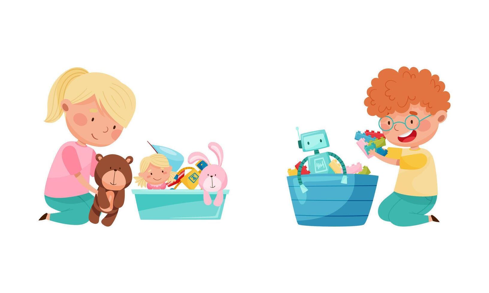 Cute kids playing toys set. Little boy and girl sitting on floor and playing with toys in baskets cartoon illustration vector