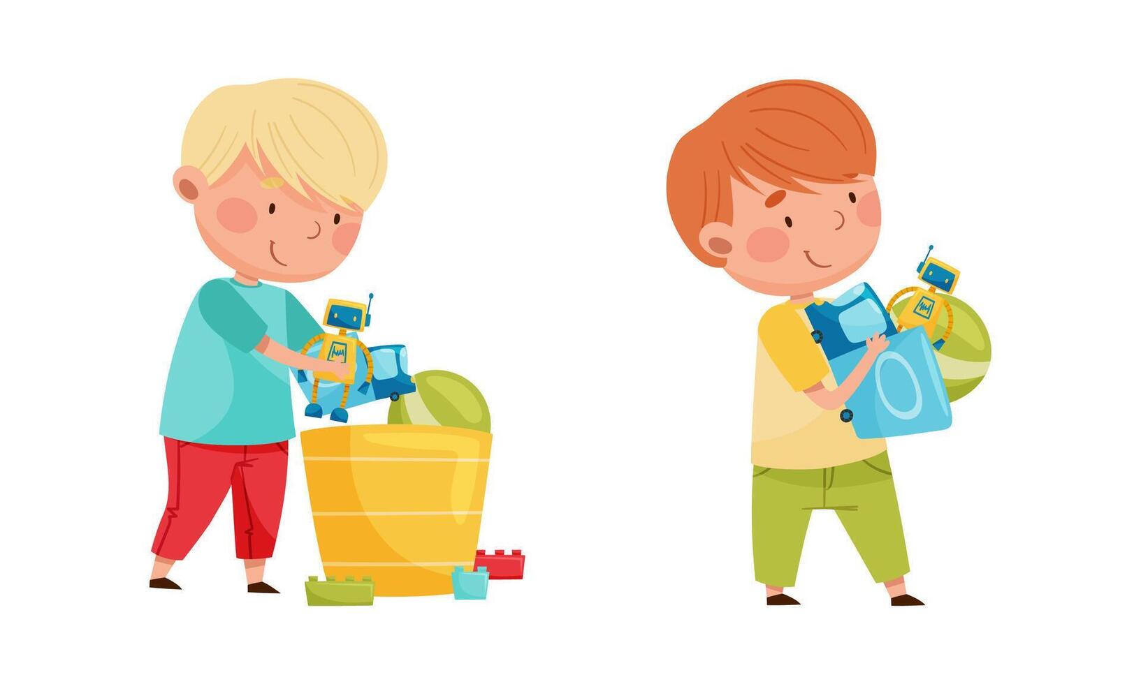 Cute little boys playing robot and ball toys set cartoon illustration vector