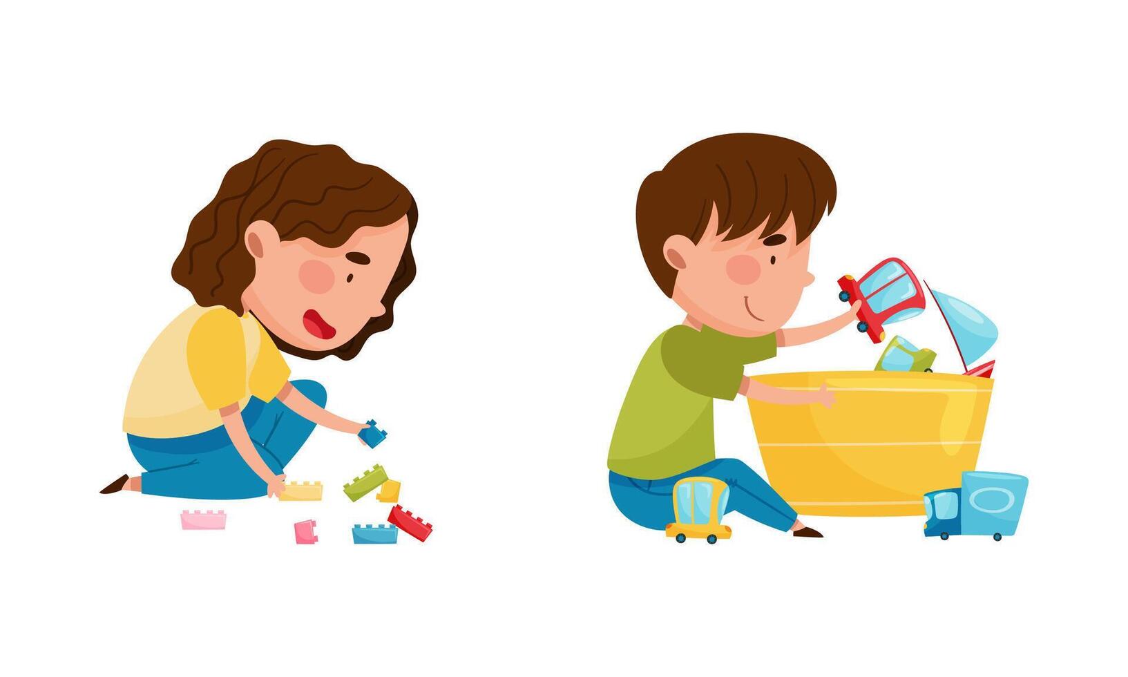 Cute kids playing toys set. Little boy and girl sitting on floor and playing cartoon illustration vector