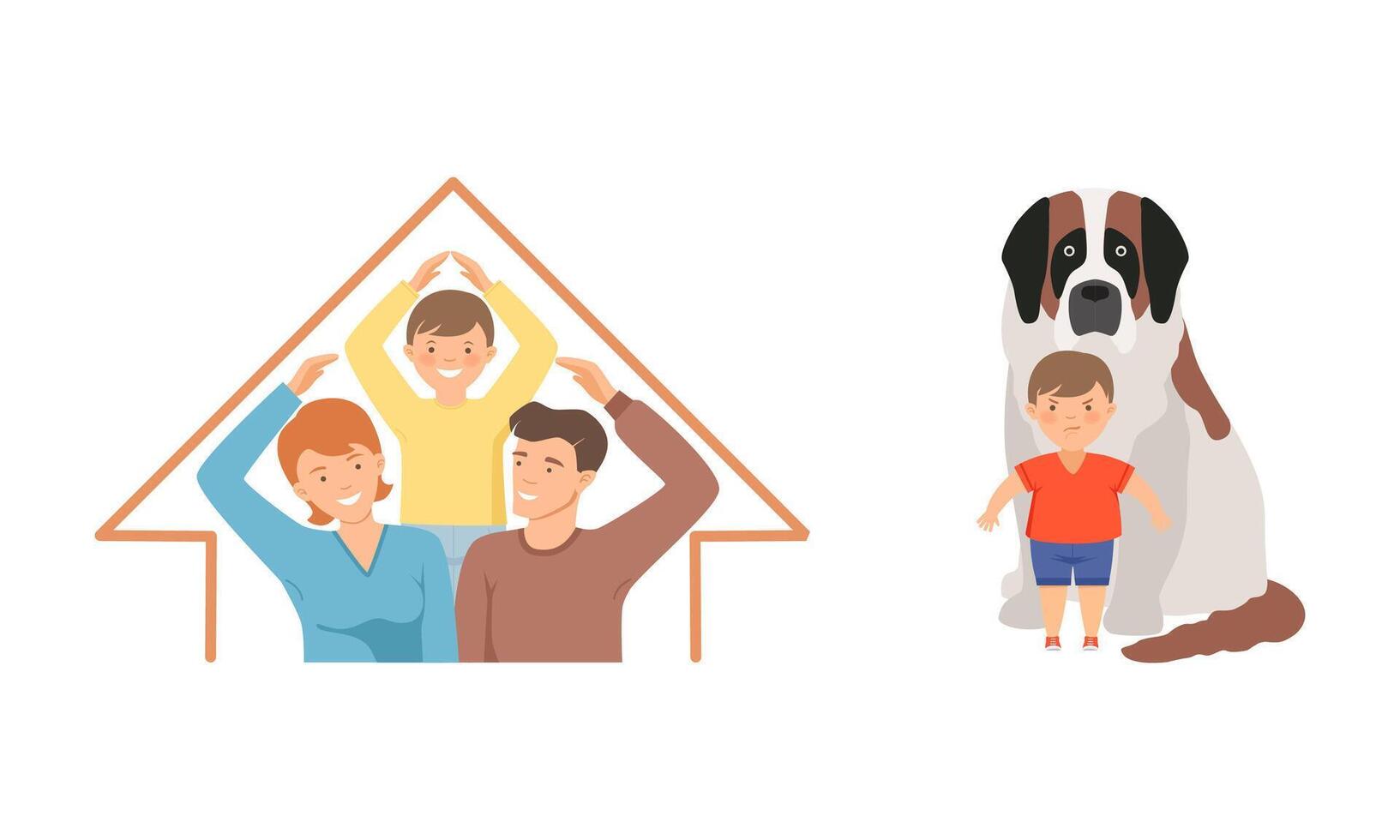 Little son protecting his family with mother and father and his dog set illustration vector